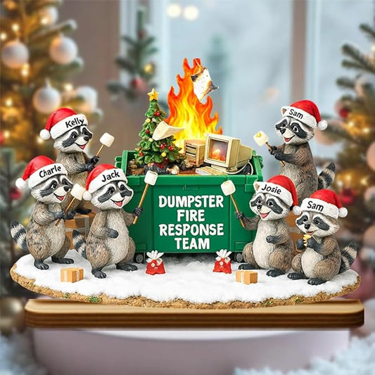 Funny Raccoon Dumpster Fire Response Team Wooden Plaque 2025, Personalized Flaming Dumpster Sign, Custom Name Group Plaque, Matching Holiday Decor for Coworkers