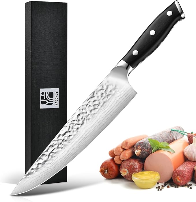 8" German Forged Chef Knife 7CR13 Steel - Triple-Rivet Black Pakkawood Handle with Extra Forging Process, Gifts for Women/Men, Birthday and Mom/Dad, Kitchen Gadgets with Premium Gift Box