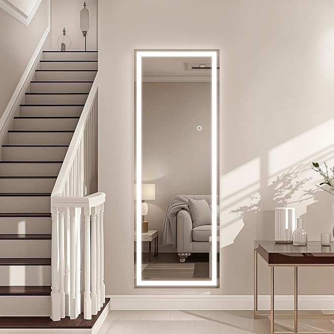 56"x18" Full Length LED Mirror with Lights, Dimmable Standing/Wall Mirror for Bedroom, Full Body Lighted Floor Mirror, Tempered Glass