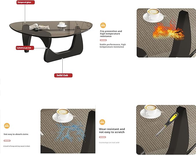 EASYSOUL Modern Glass Coffee Table, 32.68" D x 22.44" W x 15.75" H, Abstract Round Tea Tables for Living Room Home Office Industrial Cocktail Tables (Black-Gray Glass, 32.68")