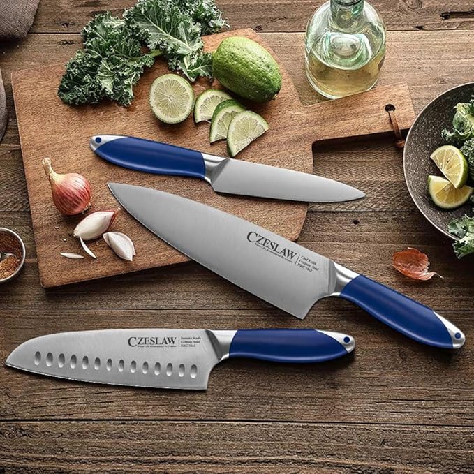knife set, 3 Piece kitchen knife set - Razor Sharp Professional Japanese Chef Knife set, Forged from High Carbon German Steel,Full Tang Prussia Blue Handle,cooking gifts cooks