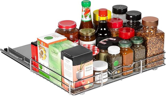 Pull Out Cabinet Organizer for Spices, Cans - Heavy Duty with Lifetime Limited Warranty- Pull Out Spice Rack- Cabinet Pull Out Shelf for Cans,Dishes, Etc, 16-3/8"Wx 10-1/2"D x 2-3/4” H, Chrome