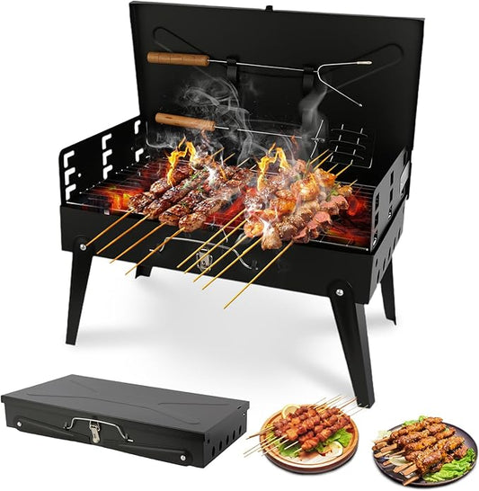 Portable Charcoal Grill Foldable BBQ Grill Kit - Compact Camping Grill for Outdoor BBQ, Cooking, Picnics, Beach, Backyard - Barbecue Accessories with Grill Tools