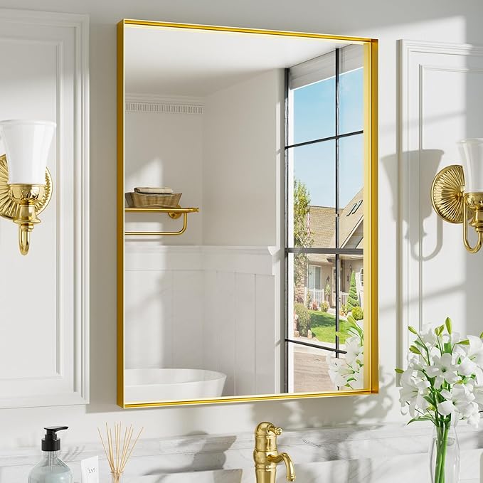 22x30 Inch Gold Bathroom Mirrors for Over Sink, Rectangular Vanity Mirror, Wall Mounted Mirrors, Anti-Rust, Tempered Glass, Framed Vanity Mirror, Horizontal or Vertical
