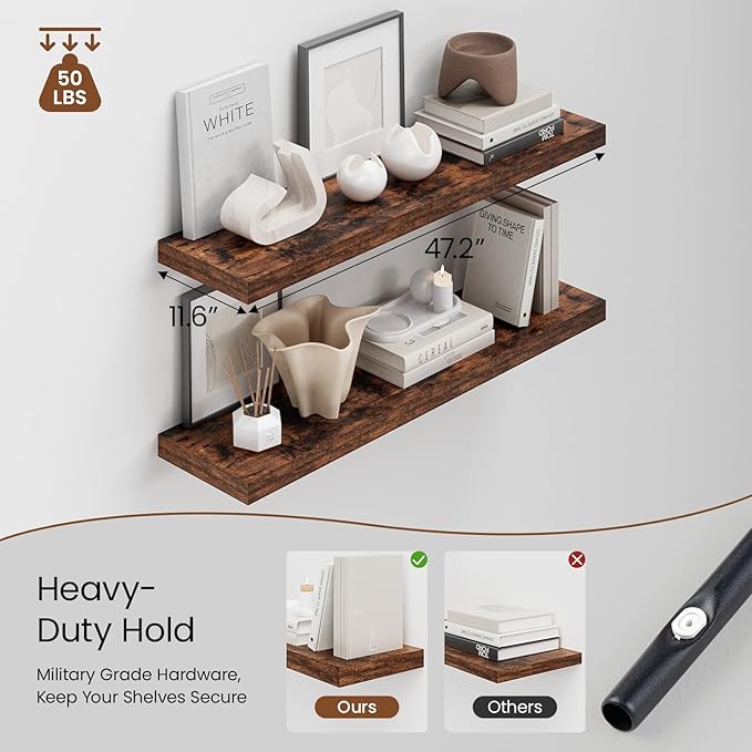 Heimlove 48W x 12D Long Floating Shelf, 12 Inch Deep Floating Shelves for Wall Set of 2, Wood Shelves for Bedroom Living Room Bathroom Kitchen Home Office, Rustic Brown