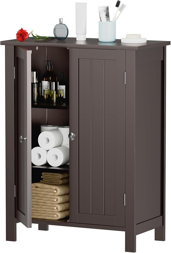 ZENY Bathroom Floor Storage Cabinet with Double Door + Adjustable Shelf, Wooden Organizer Cabinet for Living Room, Bathroom, Bedroom, Modern Home Furniture (Brown)