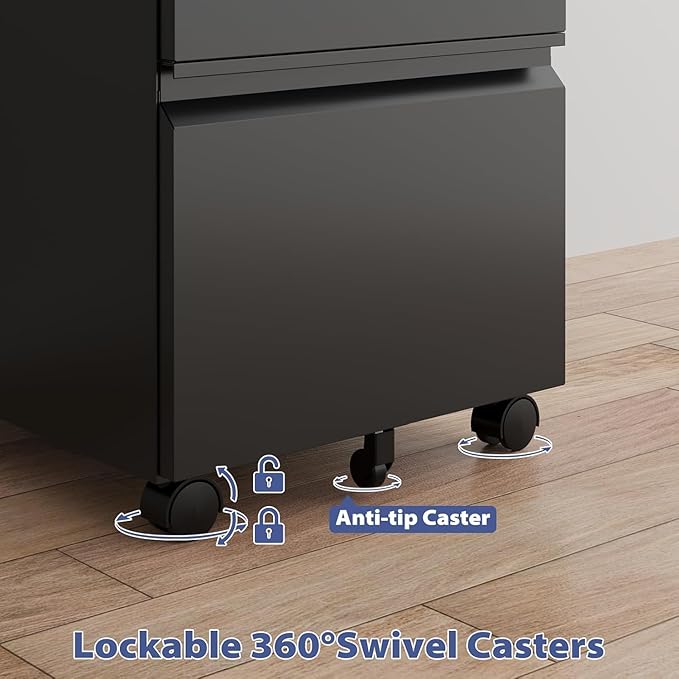 3 Drawer File Cabinet with Lock,Mobile Filing Cabinets,Metal Small Rolling File Cabinet,Drawers for Under Desk for Legal/Letter/A4 File, Assembly Required,Black