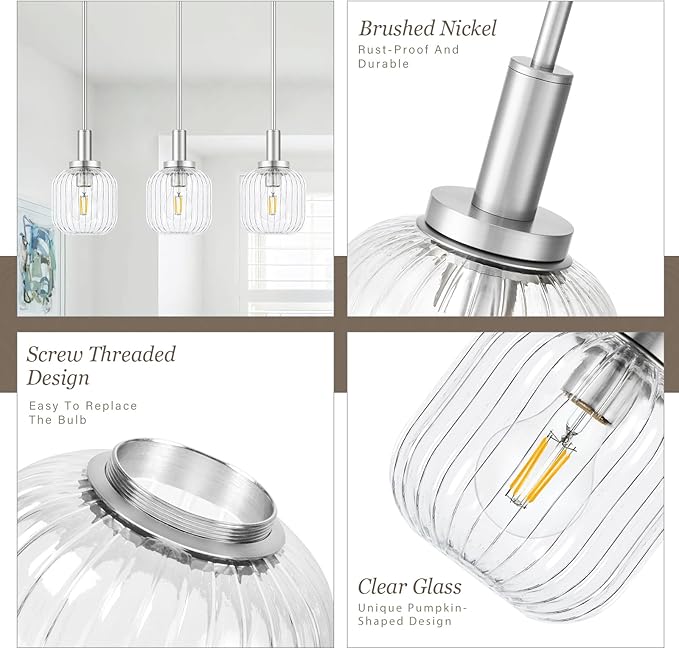 Brushed Nickel Pendant Lights Kitchen Island 2 Pack, 5.9" Modern Glass Pendant Light with Clear Glass and Rods, Mini Hanging Lighting for Kitchen Sink Bathroom Bedroom, OS-YQ7749-2PBN