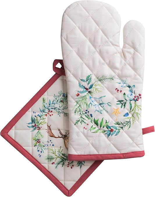 Maison d' Hermine 100% Cotton Oven Mitt & Pot Holder Set (7.5"x13" & 8"x8") Heat Resistant BBQ Cooking Gloves with Loop for Thanksgiving Christmas Decorations Handling Hot Pans (Holly Time)