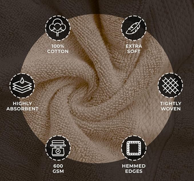 Avalon Towels Luxury 8 Piece Towels Set, 2 Bath Towels, 2 Hand Towels and 4 Washcloths, 600 GSM 100% Ring Spun Cotton Highly Absorbent Bathroom Towel Set, Ideal for Hotel, Spa and Gym (Beige)