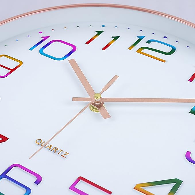 Lafocuse 12 Inch Colorful Wall Clock Battery Operated for Kitchen Living Room, Silent Rose Gold Analog Clock for Girls Bedroom Home Décor