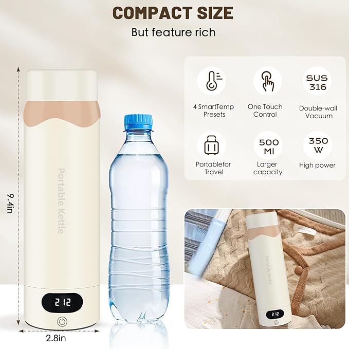 Travel Electric Kettle Portable Mini Kettle, 316 Stainless Steel 16.91Oz/500mL, Smart Small Hot Water Boiler with 4 Temperature,Fast Boiling water with Auto Shut-Off and Boil Dry Protection