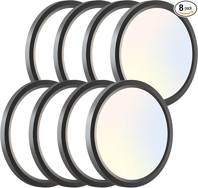 zemty 8Pack LED Ceiling Light Fixture 6.5 Inch, 12W 1200lm Ceiling Mount Light Fixtures, Adjustable 3000K 4000K 6500K, Round Flat Ceiling Lamp for Bathroom Closet Hallway Laundry (Black)