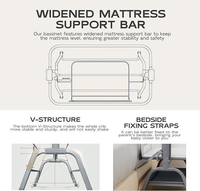 BabyBond Baby Bassinet, 3 in 1 Bassinet Bedside Sleeper with Washable Soft Mattress and Sheet, 6 Height Adjustable Bedside Crib, 4-Sided Mesh Bedside Bassinet for Baby