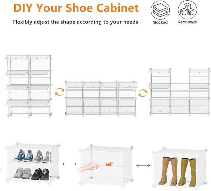 AWTATOS Shoe Rack, 8 Tier Shoe Storage Cabinet with Door, 32 Pair Shoe Organizer Shelves for Closet Hallway Bedroom Entryway, Transparent Twill