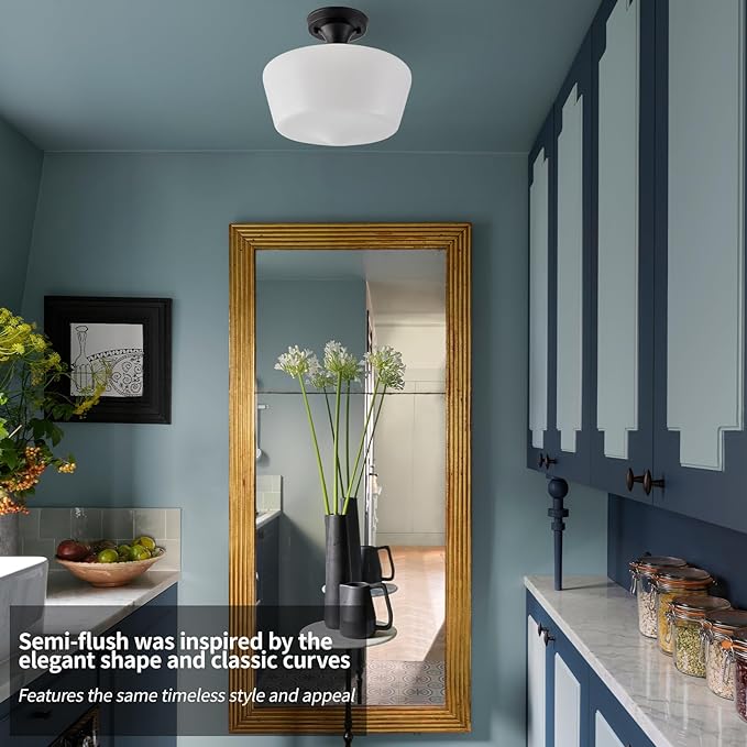 Black Schoolhouse Light Fixture, 12" Milk Glass Flush Mount Ceiling Light, Black Semi Flush Mount Ceiling Light for Farmhouse Kitchen Hallway Entryway