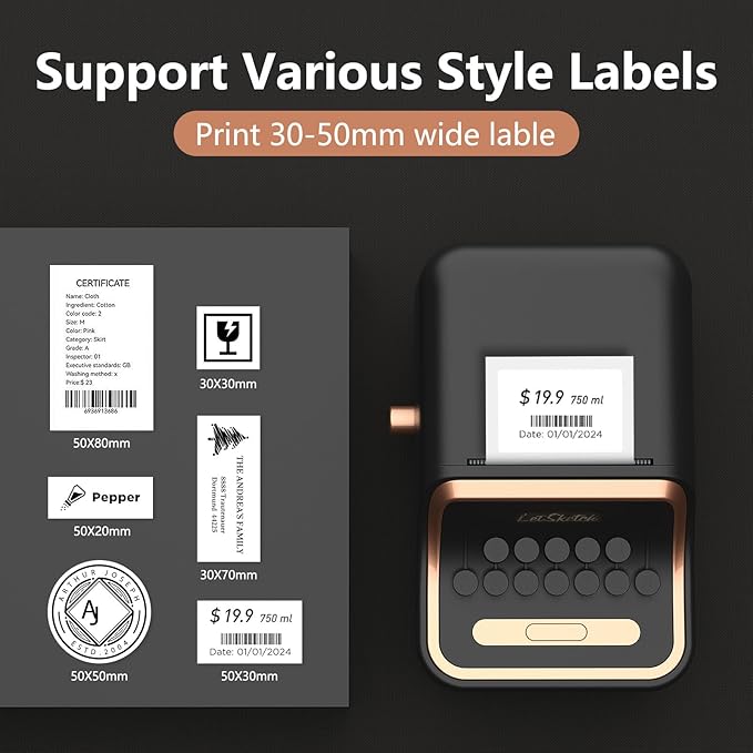 Wireless Mini Retro Label Maker Machine with Tape,Bluetooth Portable Thermal Sticker Printer for Phone,Small Business, Address, Logo, Qr Code, Food,Home, Kitchen,with 50×30mm Label(Black)