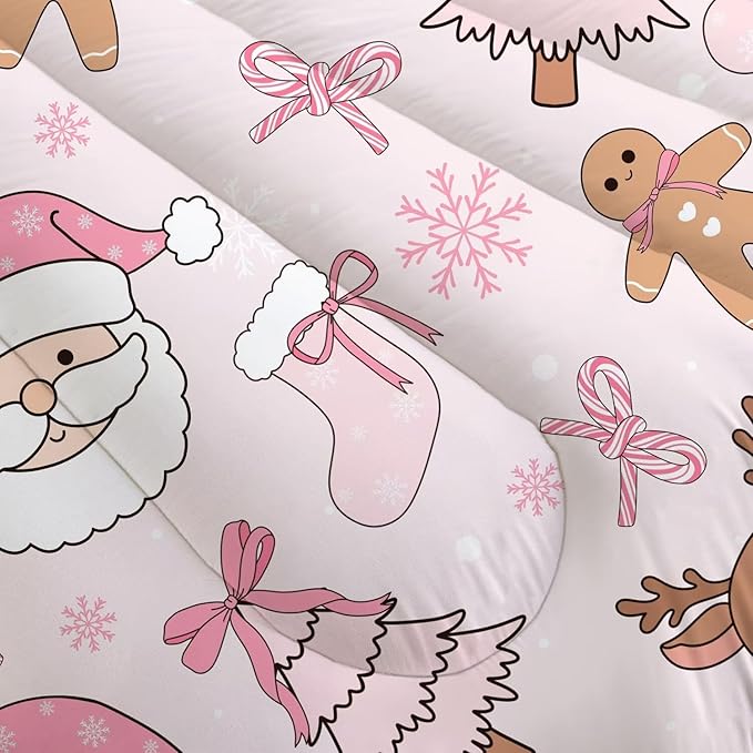 Light-Pink Christmas Comforter Set Twin for Girls, Cute Santa Claus Christmas Tree and Reindeer Printed Bedding Set, Cartoon Xmas Bed Set with 1 Comforter and 1 Pillowcase
