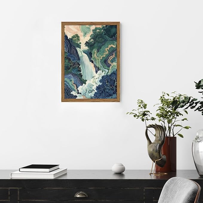 Framed Japanese Waterfall Canvas Wall Art, Abstract Landscape Wall Decor Paintings, Blue Green Nature Mountain Pictures Prints Zen Aesthetics Home Decor for Living Room Bedroom Bathroom 12x16 inch