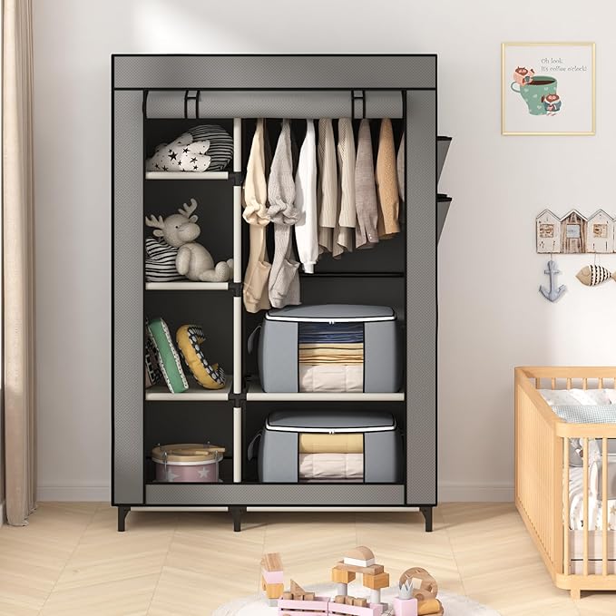 Calmootey Portable Closet, Wardrobe with 6 Shelves and Hanging Rod, Storage Organizer for Bedroom, Non-Woven Fabric Cover with 4 Side Pockets, Includes 2 Storage Bags for Clothes, Grey