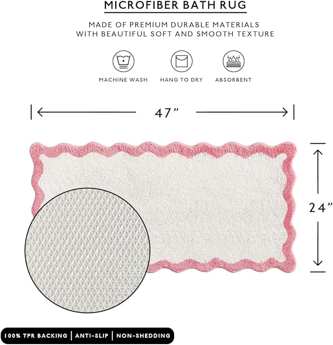 MONDAY MOOSE Bath Mat with Scalloped Wavy Ripple Design, Microfiber Absorbent Non Slip Tufted Rug for Floor, Shower or Kitchen (24x47 inch, Pink)