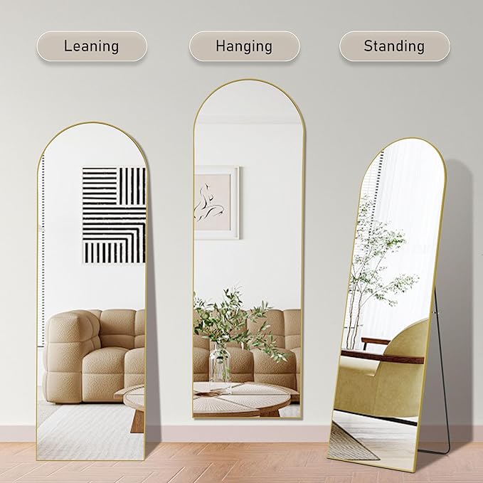 OLIXIS Arched Full Length Mirror 64"x 21" for Bedroom, Full Body Mirror with Stand, Hanging or Leaning for Wall, Aluminum Alloy Thin Frame Floor Standing for Living Room, Long, Gold