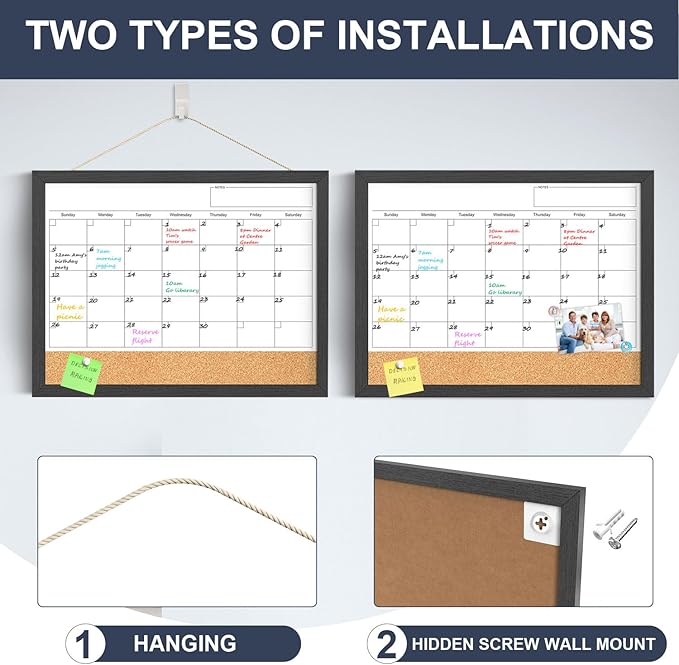 Dry Erase Calendar for Wall, 18x24 Inches Calendar Whiteboard for Wall, Magnetic Monthly White Board Corkboard with Wood Framed, Hanging Dry Erase Board for Kitchen Home Office School Planner