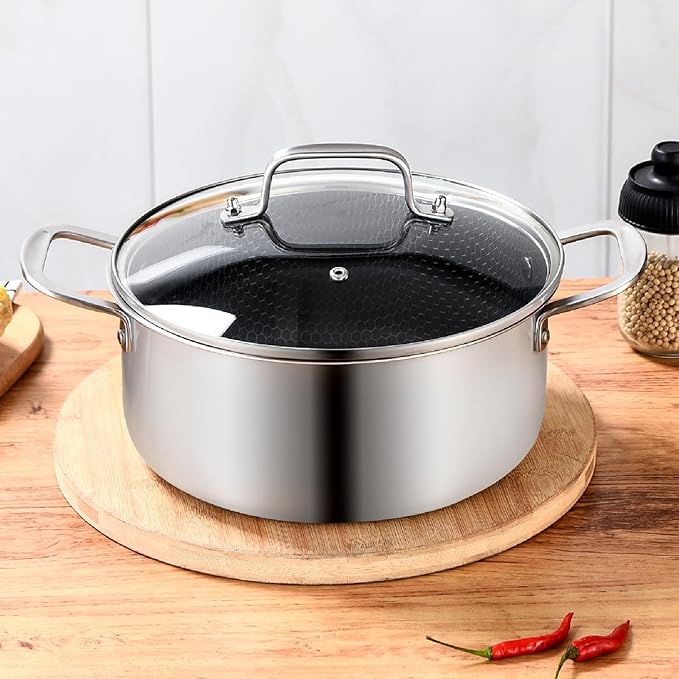 LOLYKITCH 5 QT Tri-Ply Hybrid Stainless Steel Non Stick Stock Pot with Lid,Induction Cooking Pot,Dishwasher and Oven Safe