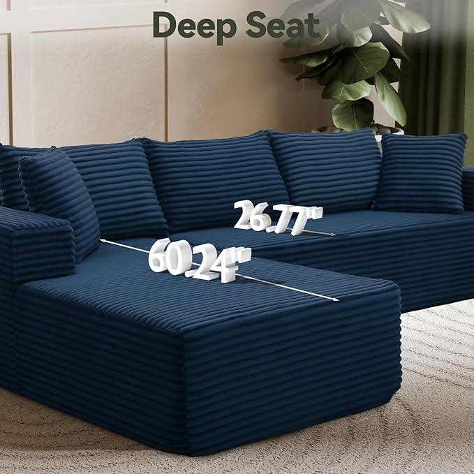 Modern Cloud Modular Sectional Sofa with Chaise, 106" L-Shaped Sofa Couch for Living Room, Deep Seat Plush Boneless Couches, Includes Pillows, Right Chaise, Blue