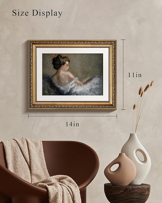 VIYYIEA Gold Framed Wall Art Canvas Print Home Decor Portrait Wall Art Sitting Woman Vintage Decor Room Aesthetic Mid Century Lady Elegant Farmhouse Painting Wall Decor for Bedroom Bathroom 11x14in