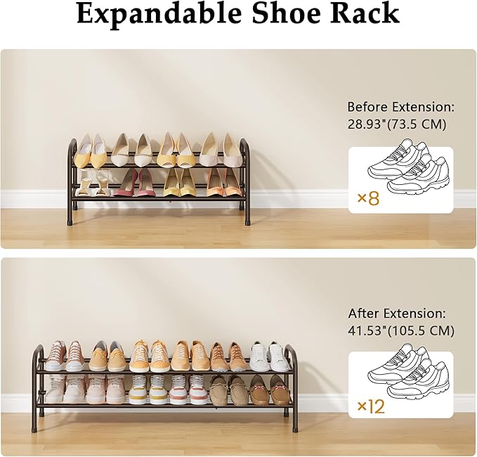 2 Tier Shoe Organizer, Shoe Rack for Closet, 28“ Metal Shelf Can Expandable to 42“, for Bedroom, Entryway, Closet, Garage, Adjustable to 12 Pairs Shoes, Rustic Brown