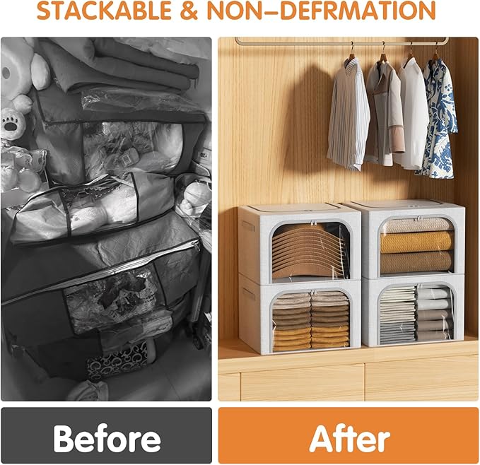 3 Pack Clothes Storage Bins with Metal Frame, Stackable & Foldable Linen Storage Box with Lids, Closet Organizers And Storage For Bedding, Blanket, Sweater, Baby Clothes. (Large 66L)