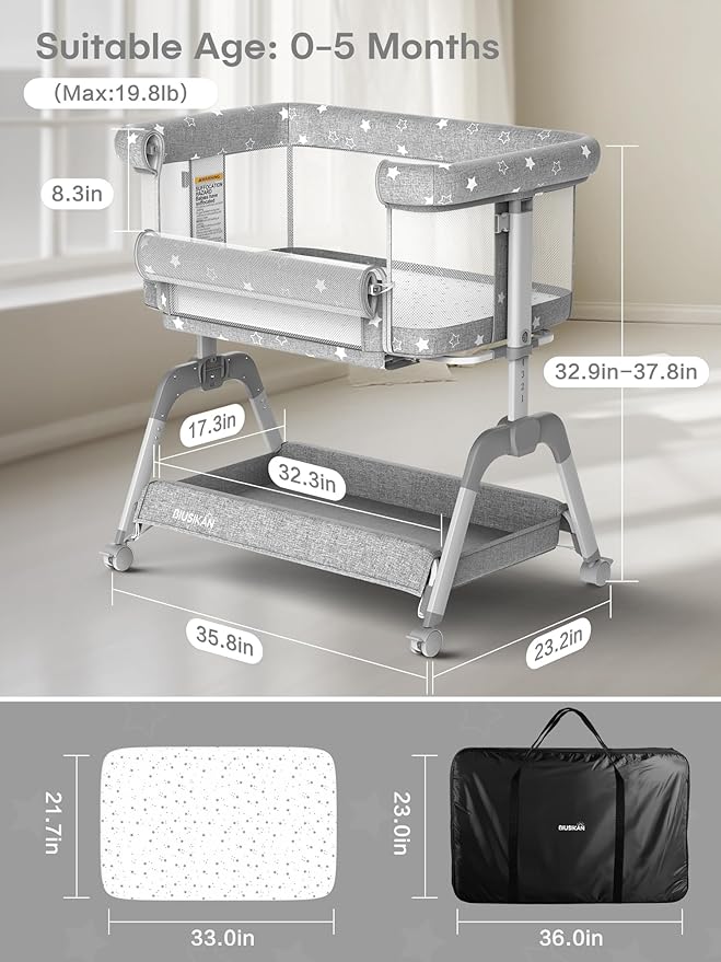 Bassinet Bedside Sleeper, Baby Crib with Mattress and Adjustable Height & Upgraded Wheels, All Mesh Portable Bassinet for Co-Sleeping, Baby Bed for Newborn