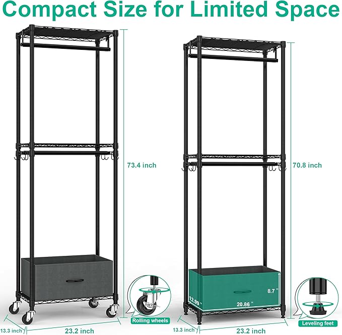 Freestanding Clothes Rack with Drawer, 3 Tier Rolling Garment Rack for Hanging Clothes, Metal Wire Shelving Wardrobe with Rods Portable Closet Organizer Clothing Shelf with Wheels, Black