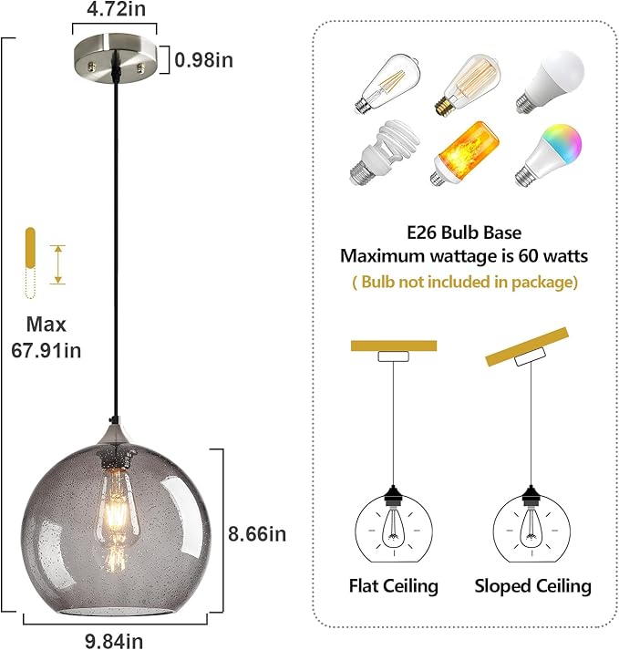 Light Grey Glass Pendant Lights Kitchen Island Globe Pendant Light Fixtures Modern Pendant Lighting for Bedroom Living Dining Room Light Fixture (9.84 in, 2 Pack)