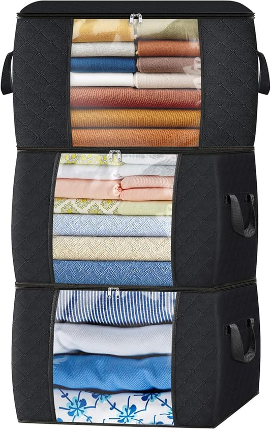 Fab totes 90L Clothes Storage, Foldable Thick Fabric Blanket Storage Bags, Containers for Organizing Bedroom, Closet, Clothing, Comforter, Organization with Handle (3 Pack,Black)