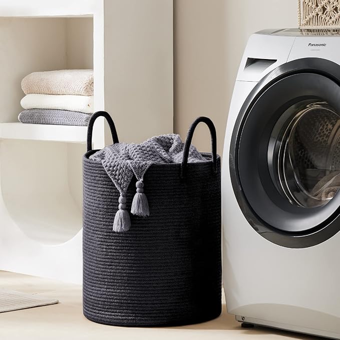 Woven Rope Laundry Hamper Basket, 72L Tall Luandry Basket, Baby Nursery Hamper for Blanket Storage in Bedroom-Large- Black