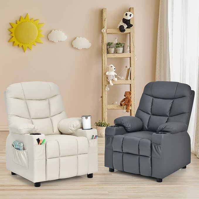 Kids Recliner, Kids Recliner Chair w/ 2 Cup Holders, PU Leather Kids Chairs Compy w/Adjustable Backrest & 3 Pockets, Toddler Furniture Sofa for Boys Girls Aged 3+ (Grey)