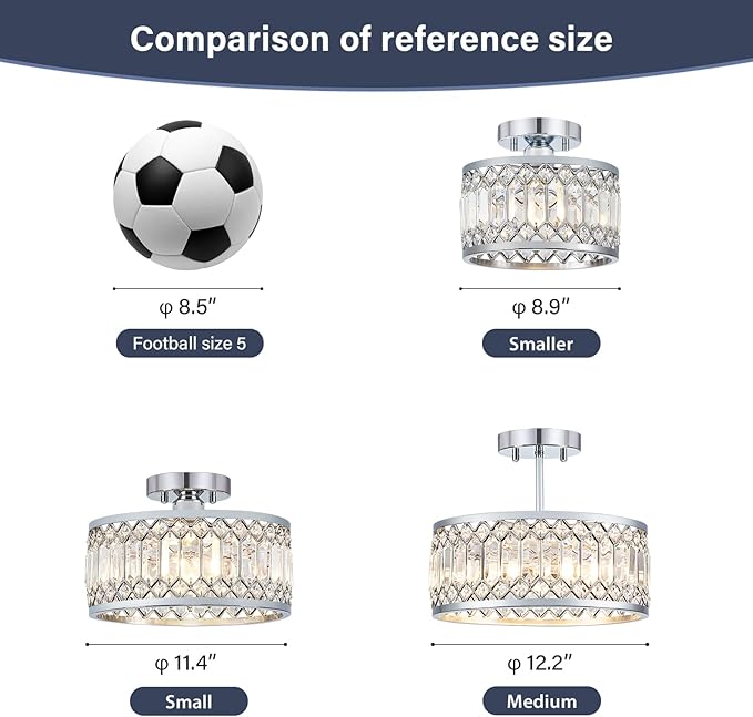 Crystal Chrome Ceiling Light, Modern Semi Flush Mount Ceiling Lighting Fixture, Round Hallway Lighting Fixtures for Entryway Kitchen Bedroom Laundry Room, 1-Light, 9 Inch