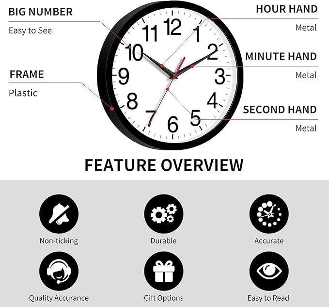 Wall Clock Modern 8 Inch Battery Operated Silent Non Ticking Small Analog Clock for Living Room Office Home Bedroom Kitchen Bathroom(Black)