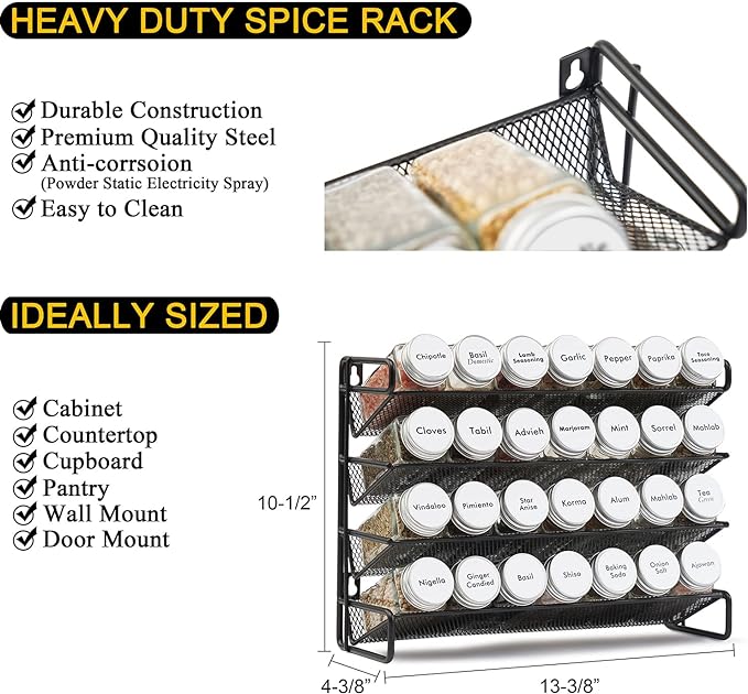 SpaceAid Spice Rack Organizer with 28 Spice Jars, 386 Spice Labels, Chalk Marker and Funnel Set for Cabinet, Countertop, Pantry, Cupboard or Door & Wall Mount - 28 Jars, 13.4" W × 10.8" H, White