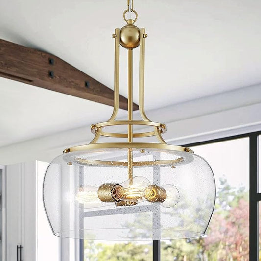WUZUPS Chandelier Rustic Farmhouse Industrial Round Ceiling Pendant LED Light Fixture Clear Seeded Glass Shade for Dining Room Kitchen Island Foyer Entryway, H 20.9" x W 15.9", Gold