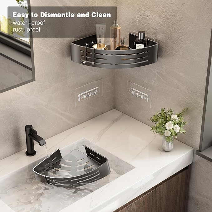 Voldra Adhesive Corner Shower Caddy, 2 Pack Corner Shower Shelves for Inside Shower No Drilling, Aluminum Stick On Showers Organizer Corner with Towel Bar & Hooks Removable Bathroom Storage Rack(Gray)