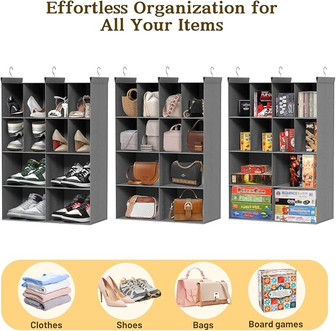 4 Tier Hanging Closet Organizer, 12 Compartments Sweater Organizer for Closet with 3 Sturdy Hooks, Closet Organizers and Storage, Wardrobe, Rv, Garment Rack, Grey