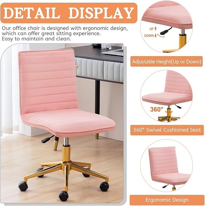 Furniliving Armless Vanity Chair with Wheels, Computer Rolling Desk Chair with Back, Height Adjustable Soft Velvet Fabic Gold Metal Base Stool,Pink