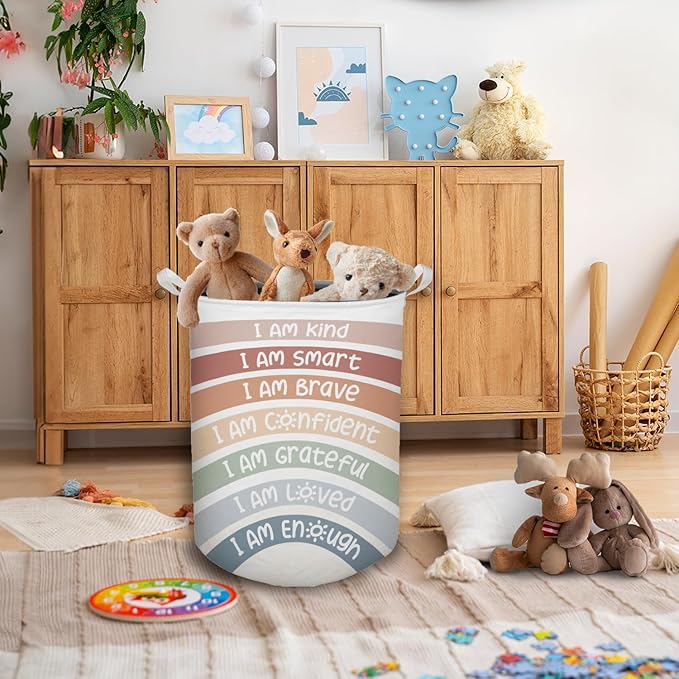 Boho Rainbow Laundry Basket, Positive Affirmations Inspirational Waterproof Collapsible Laundry Hamper Dirty Clothes Storage Toy Bin Organizer for Kids Room College Dorm Bedroom Bathroom