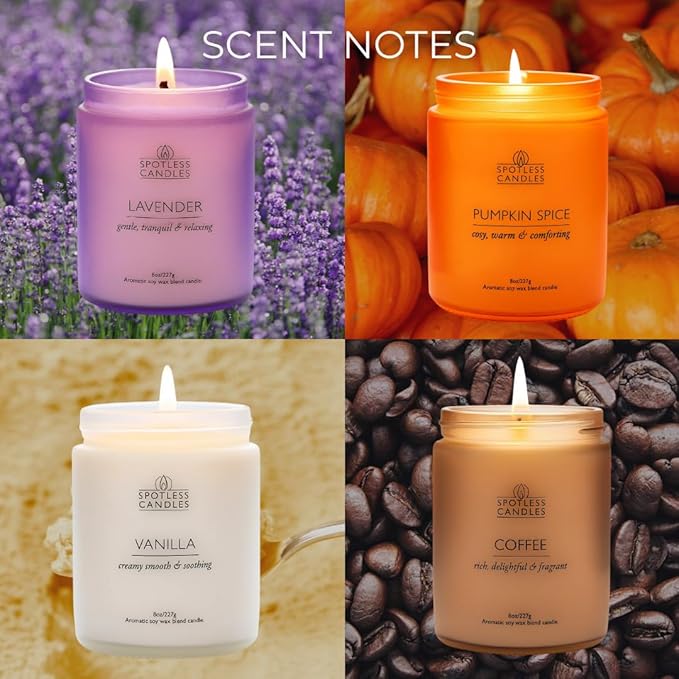 Candles for Women - 4 x 8oz Coloured Glass Jars 3" x4 Mixed Set of Classic Scents Pumpkin Spice, Coffee, Vanilla, Lavender 200 Hours Long Burn Time