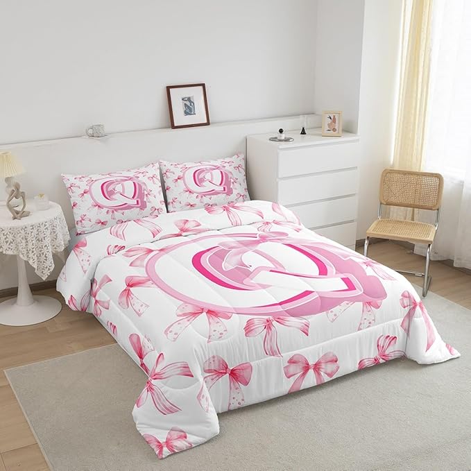 jejeloiu Kids Girls Cute Pink Bow Comforter Set Queen Size Monogrammed Bedding Set Ultra Soft Personalized Initial Duvet Quilt Coquette Bow Knot Quilt Set Room Decor Modern Fashion Comforter