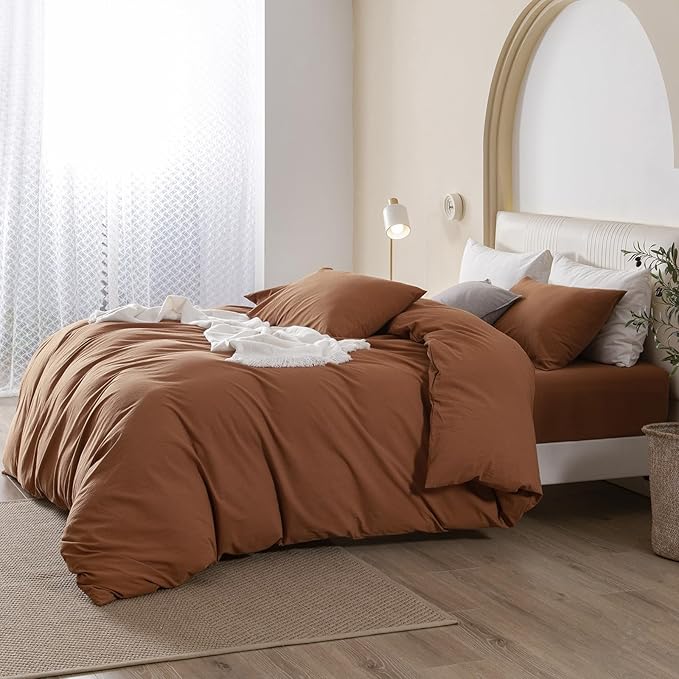 JIYUAN 100% Washed Cotton Duvet Cover Set 3 Pieces Super Queen, 1 Duvet Cover 90x98 Inches(Comforter Not Included) and 2 Pillowcases,Linen Feel Bedding Set Comfy and Breathable,Burnt Orange