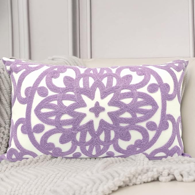 Alysheer Embroidered Lumbar Decorative Throw Pillow Cover 12"x 20", Classic Boho Mandala Embroidery Pattern Cotton Rectangular Cushion Case for Sofa Couch Living Room Bedroom(Lavender)